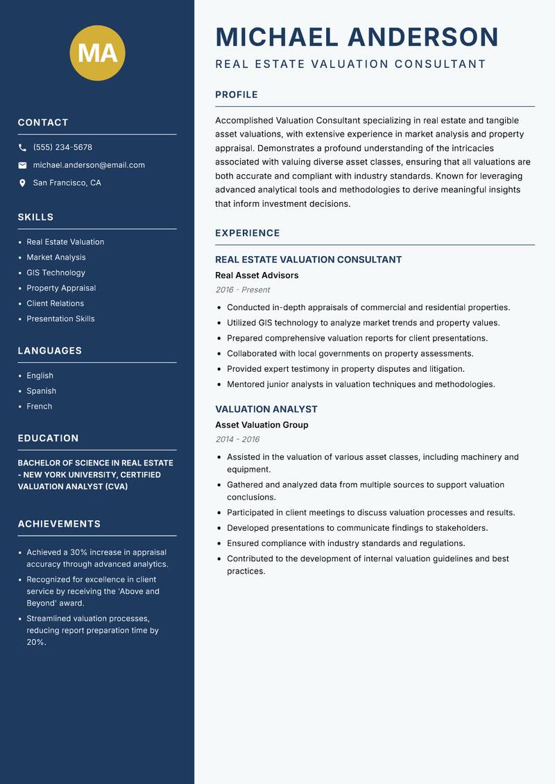 Valuation Consultant Resume Preview Example