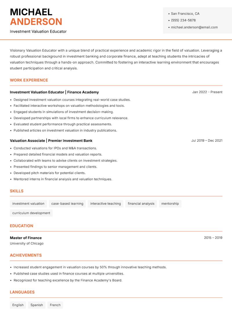 Valuation Educator Resume Template