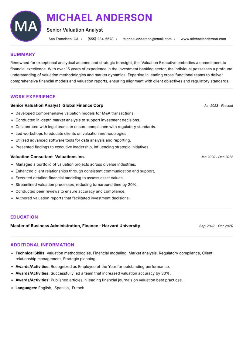 Valuation Executive Resume Preview Example