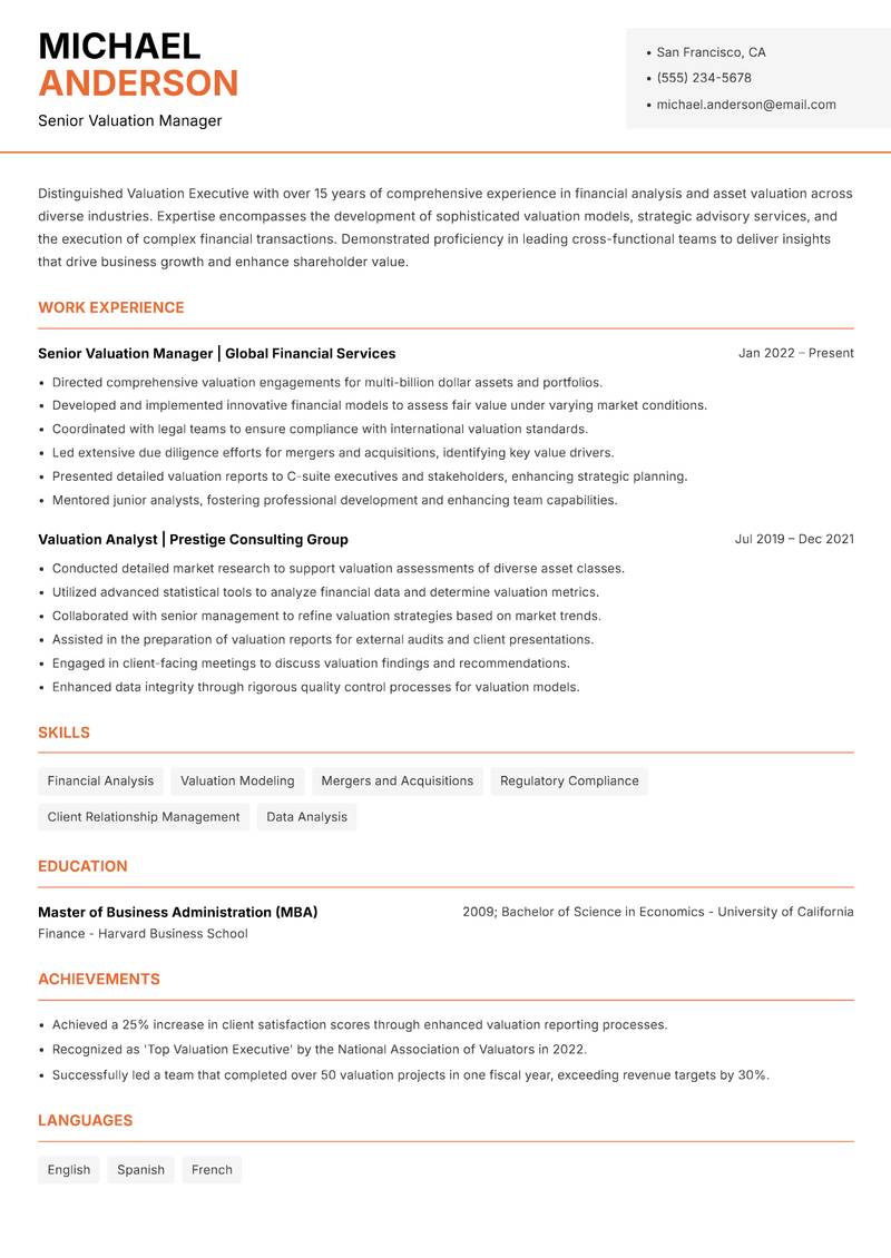 Valuation Executive Resume Template