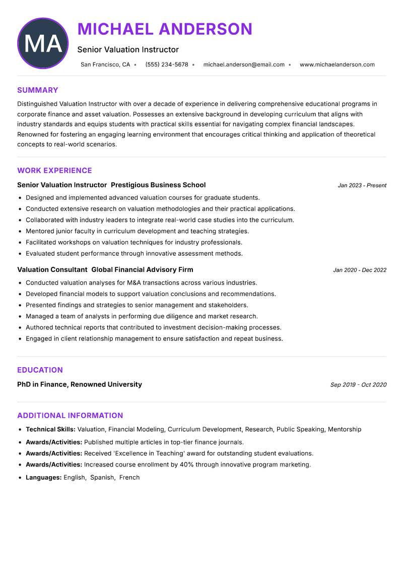 Valuation Instructor Resume Preview Example