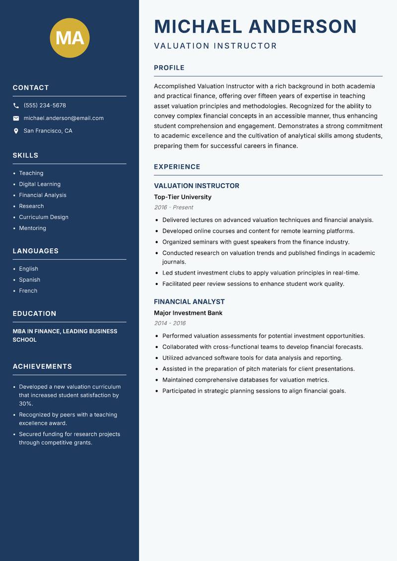 Valuation Instructor Resume Preview Example