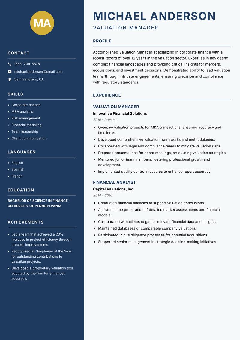 Valuation Manager Resume Preview Example
