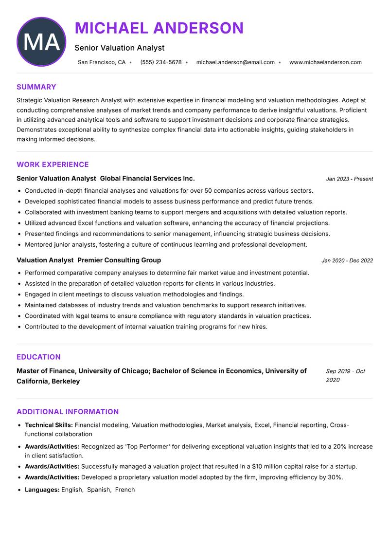 Valuation Research Analyst Resume Preview Example