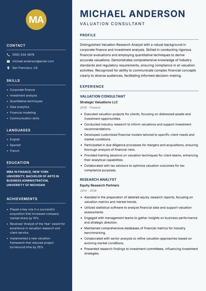 Valuation Research Analyst Resume Preview Example