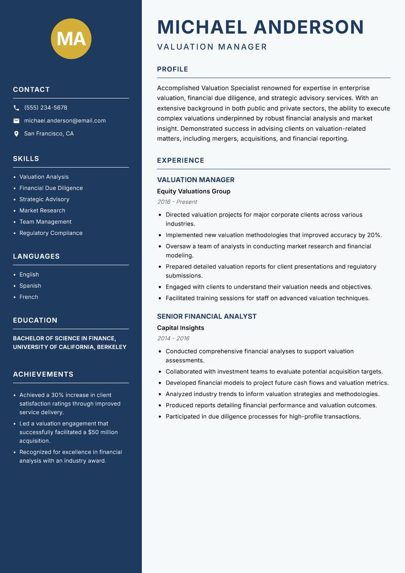 Valuation Specialist Resume Preview Example