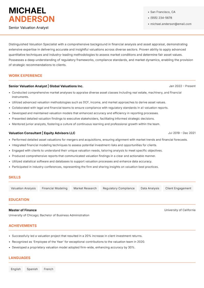 Valuation Specialist Resume Template