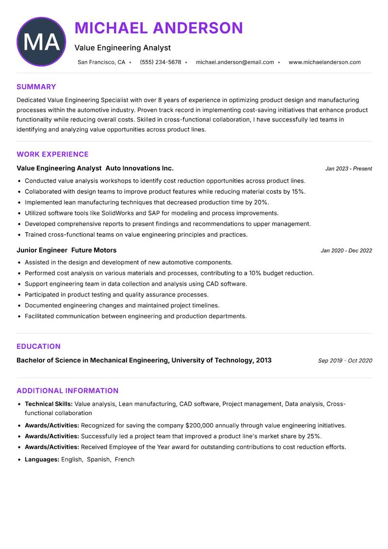 Value Engineering Specialist Resume Preview Example