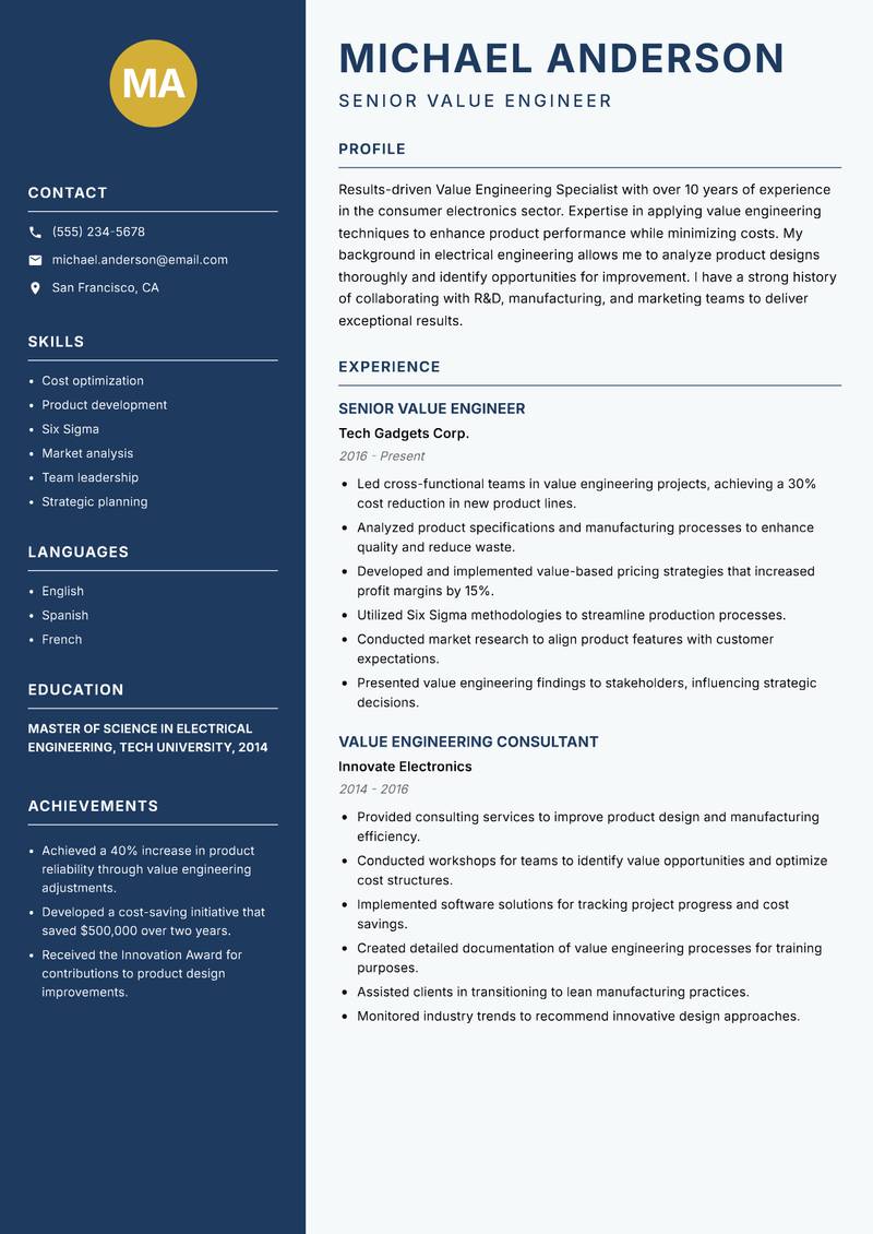 Value Engineering Specialist Resume Preview Example