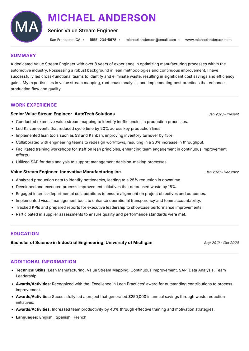 Value Stream Engineer Resume Preview Example