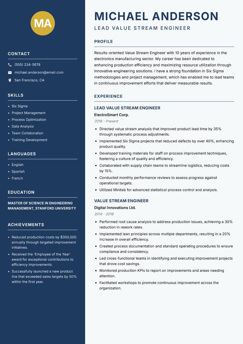 Value Stream Engineer Resume Preview Example