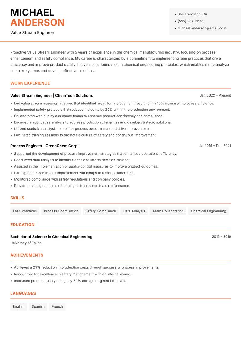 Value Stream Engineer Resume Template