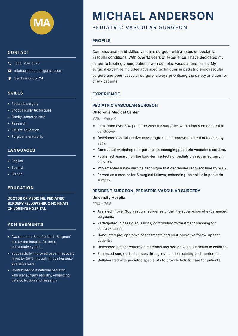 Vascular Surgeon Resume Preview Example