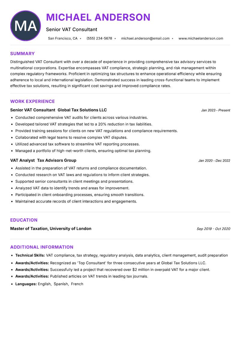 VAT Consultant Resume Preview Example
