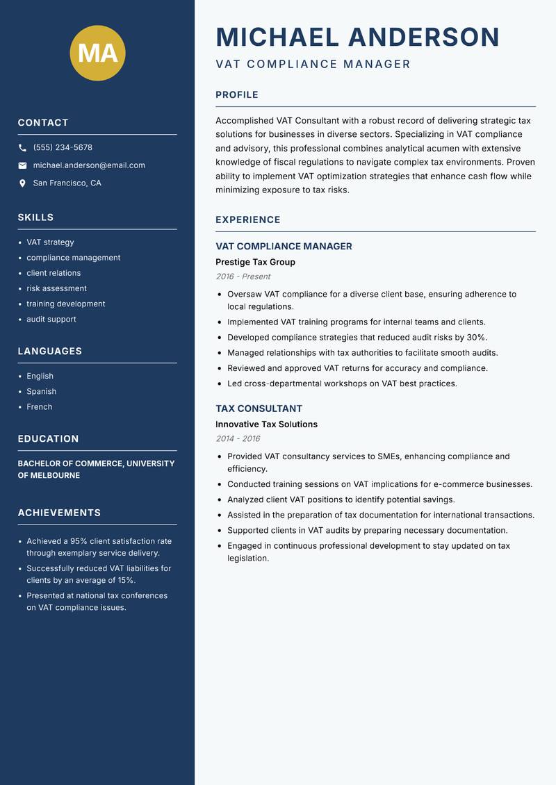 VAT Consultant Resume Preview Example