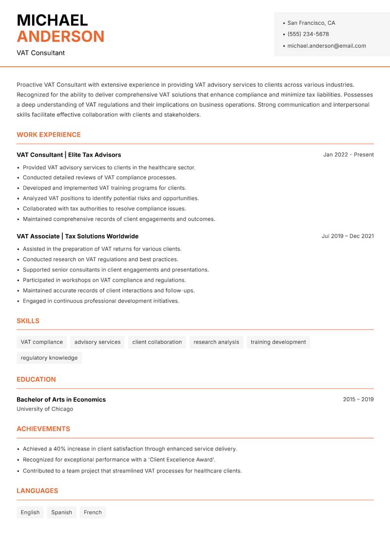 VAT Consultant Resume Template