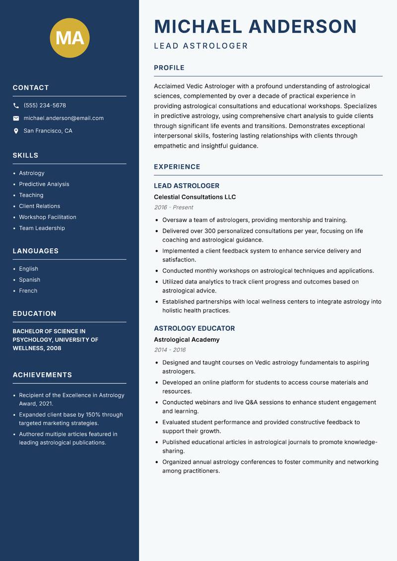Vedic Astrologer Resume Preview Example