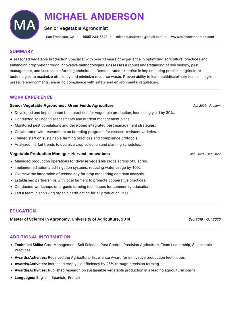 Vegetable Production Specialist Resume Preview Example