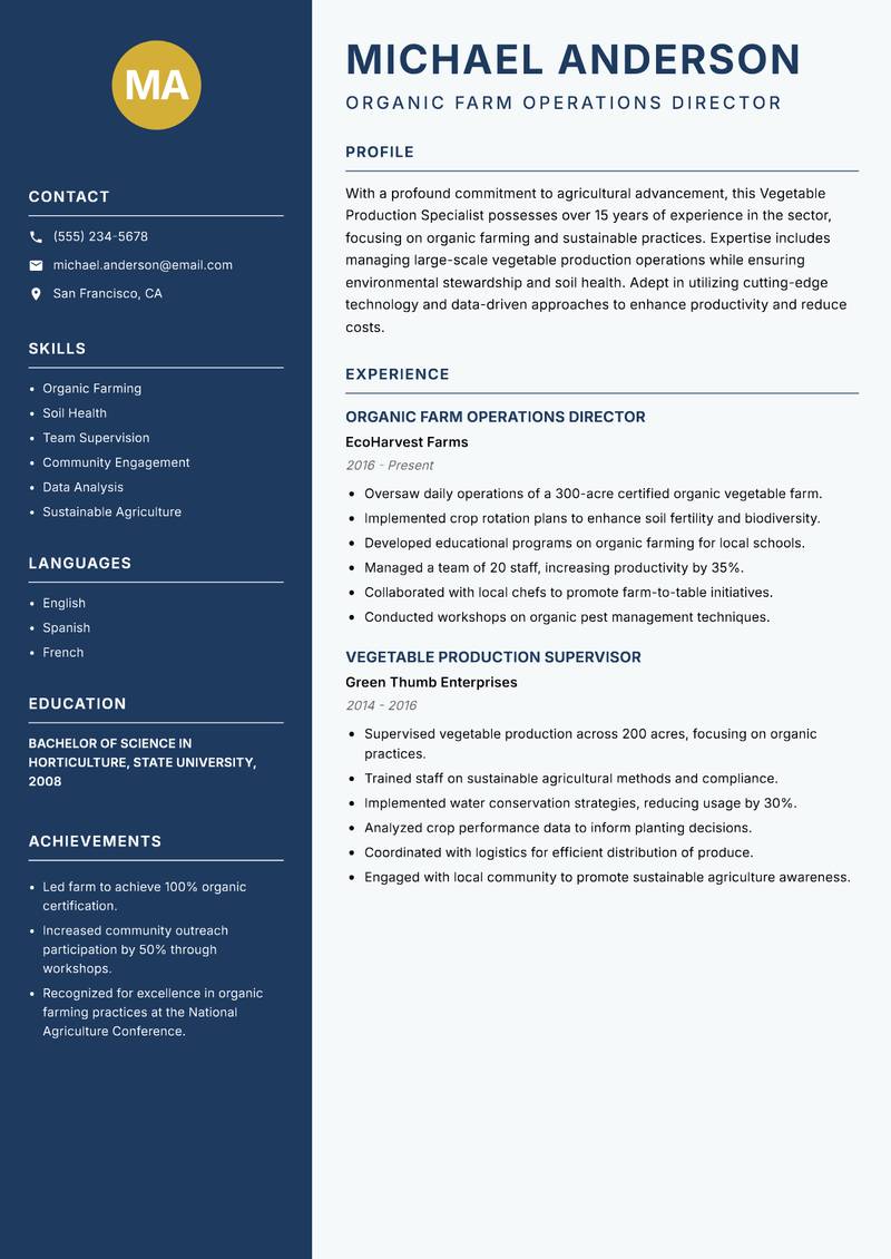 Vegetable Production Specialist Resume Preview Example