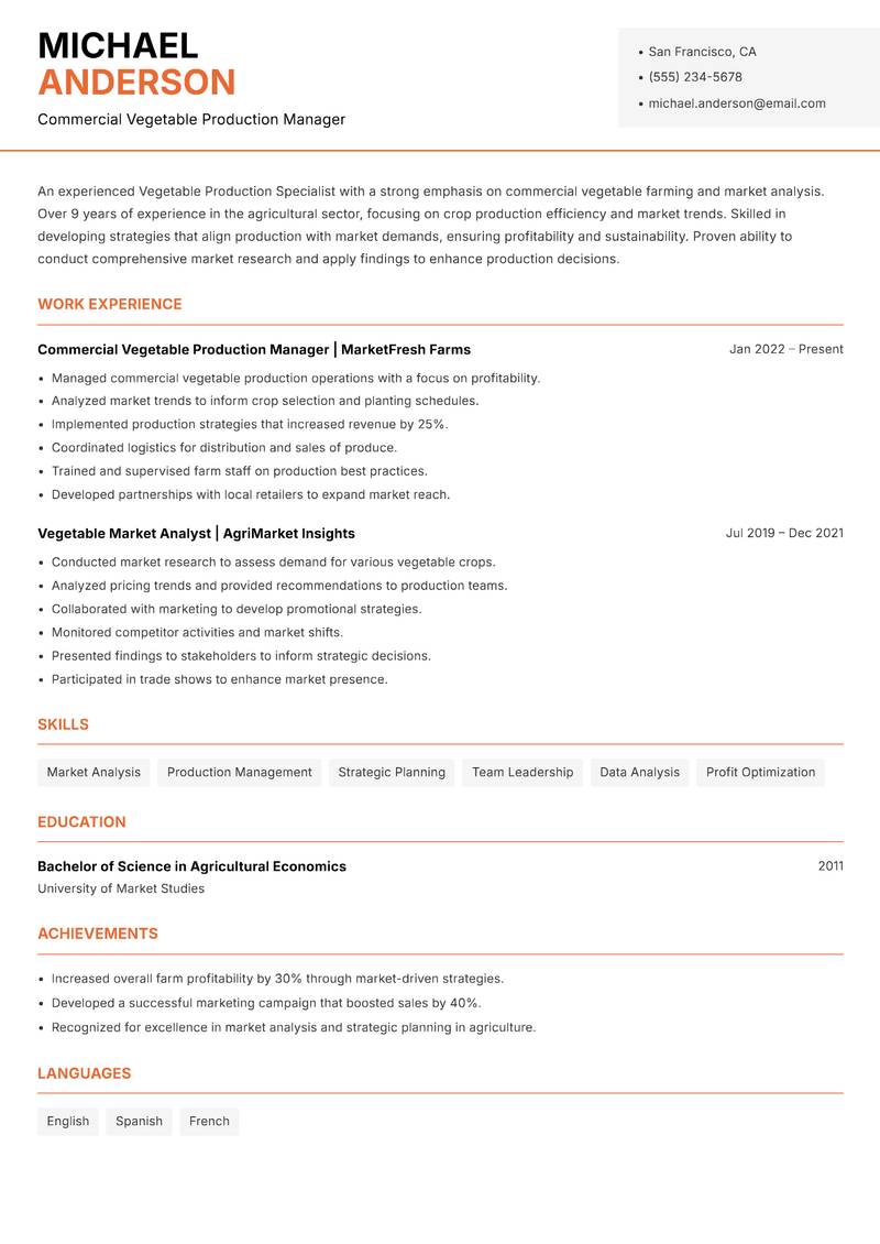 Vegetable Production Specialist Resume Template