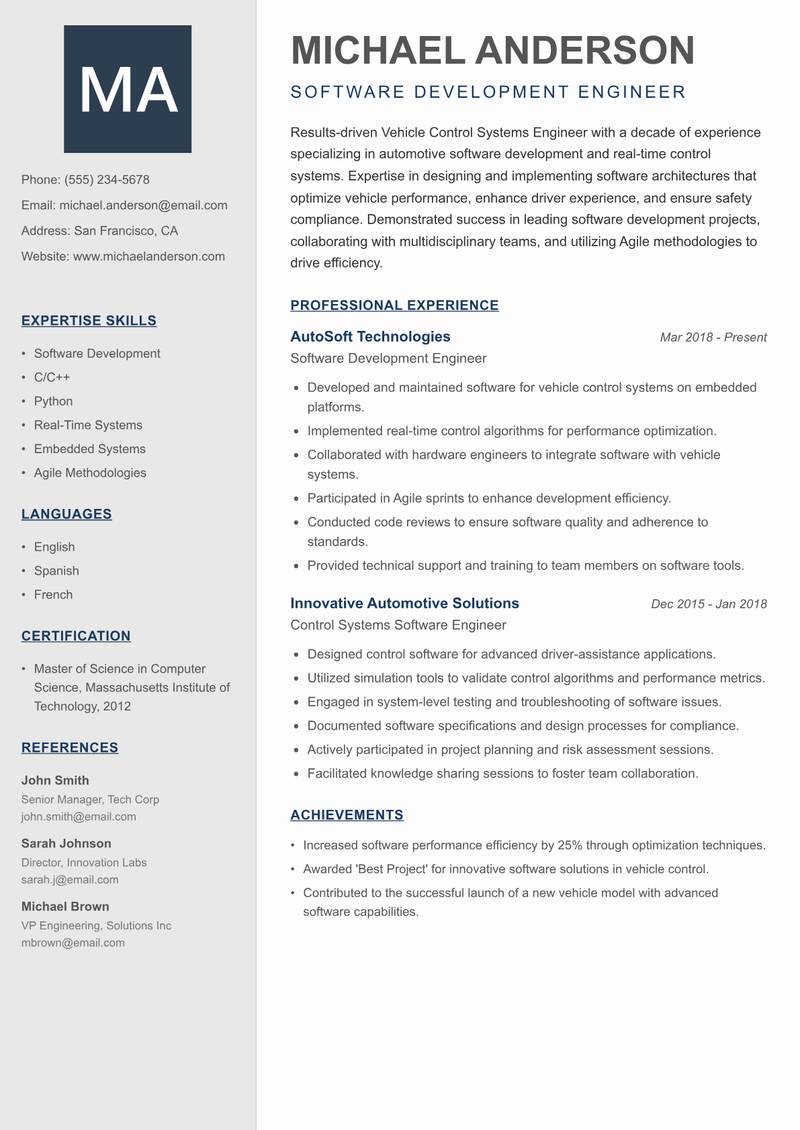 Vehicle Control Systems Engineer Resume Preview Example