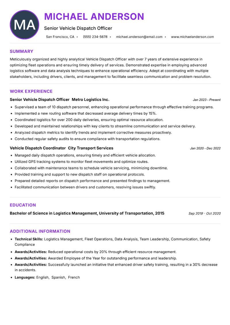 Vehicle Dispatch Officer Resume Preview Example