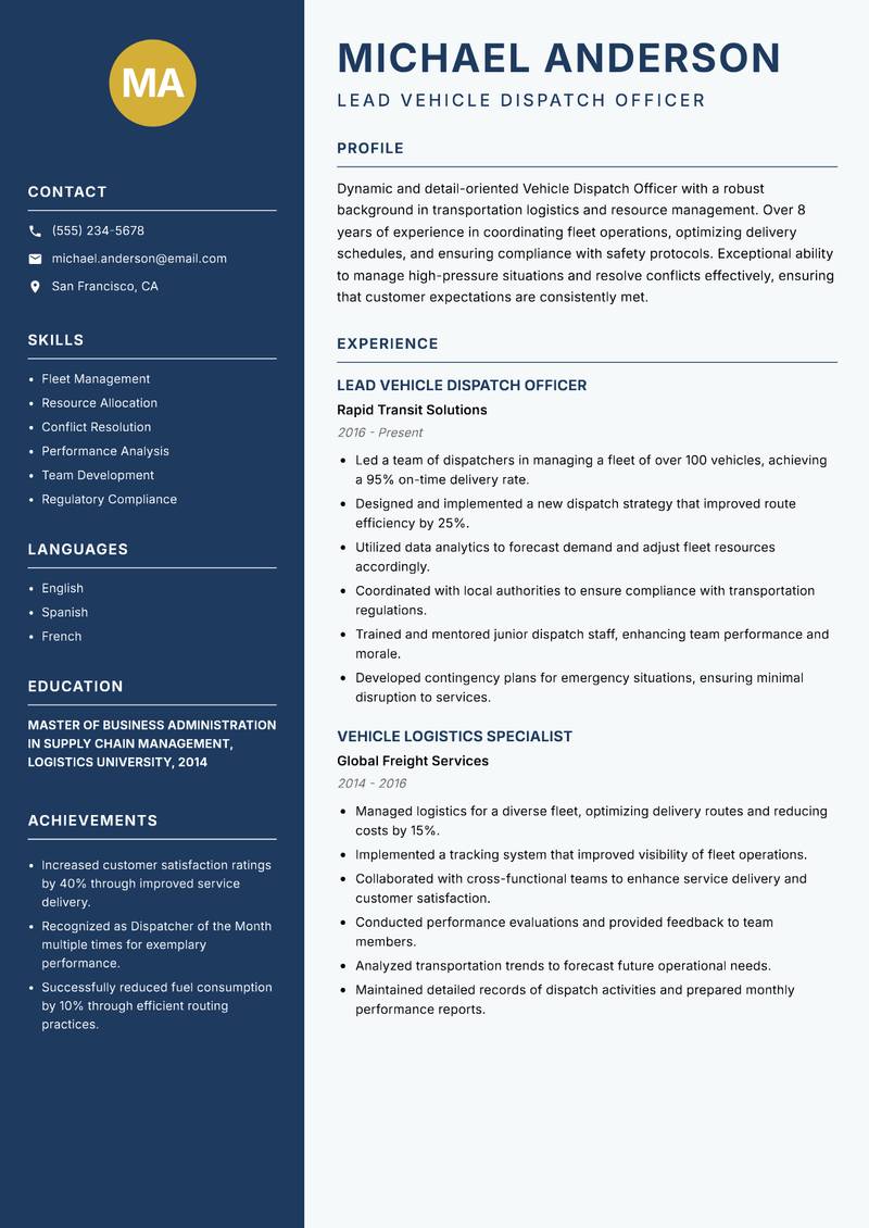 Vehicle Dispatch Officer Resume Preview Example