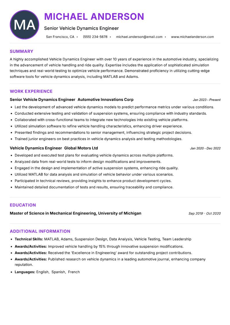 Vehicle Dynamics Engineer Resume Preview Example