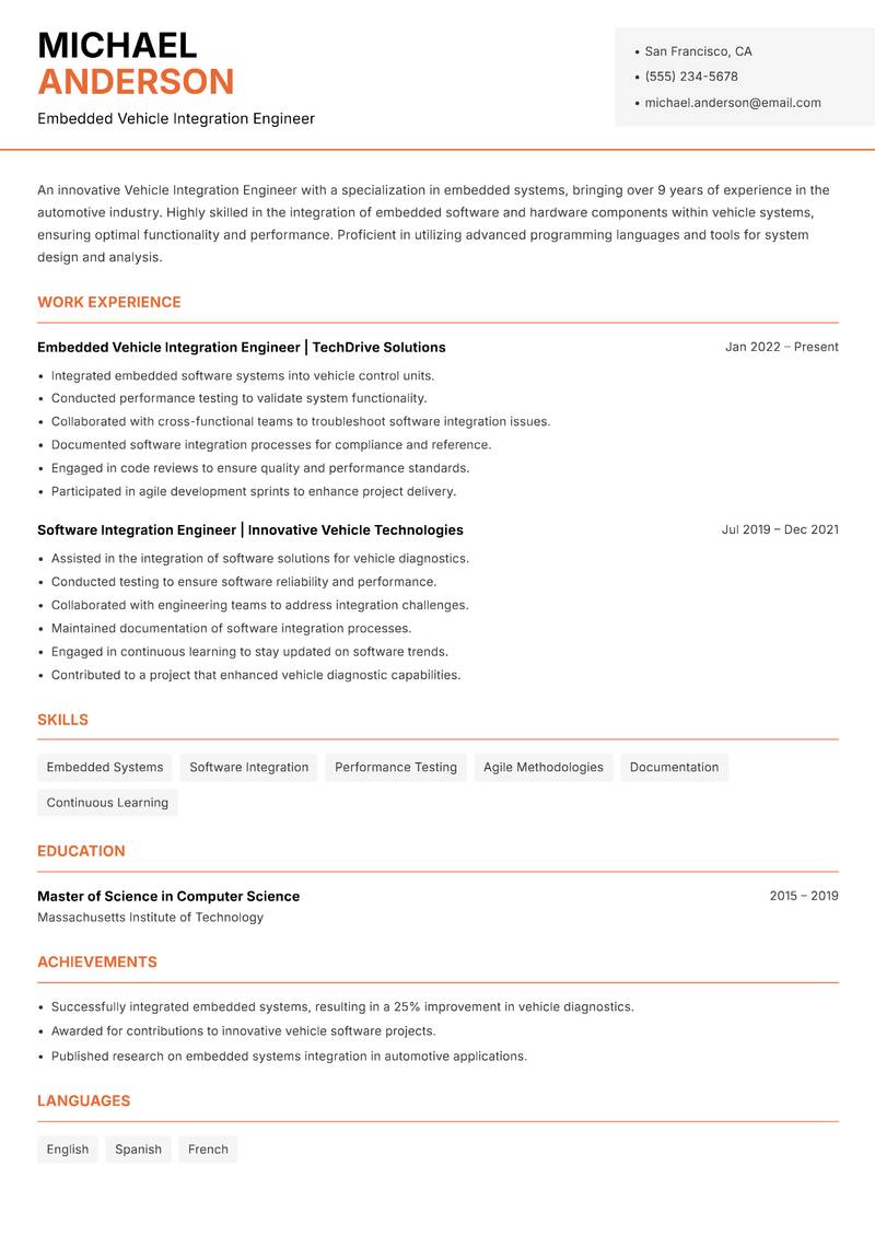 Vehicle Integration Engineer Resume Template