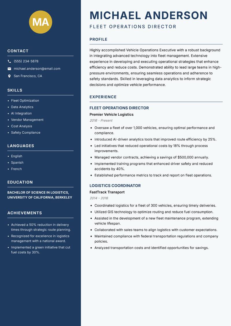 Vehicle Operations Executive Resume Preview Example