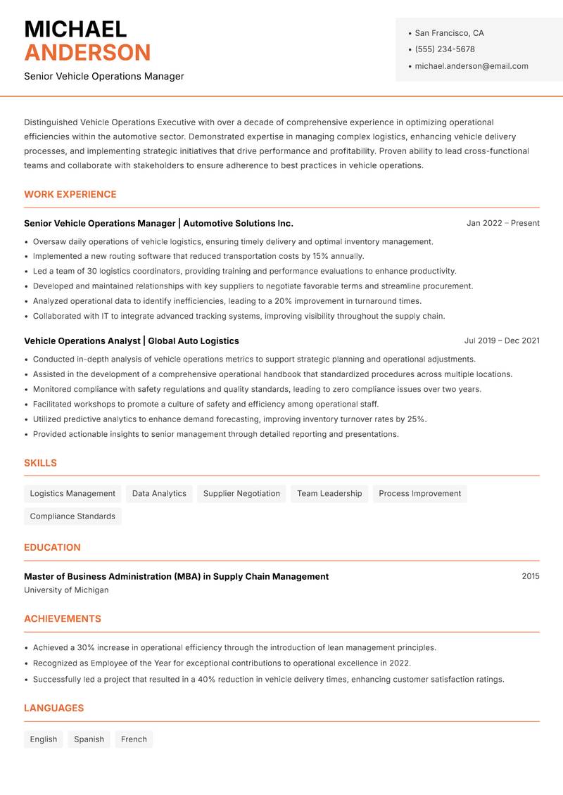 Vehicle Operations Executive Resume Template