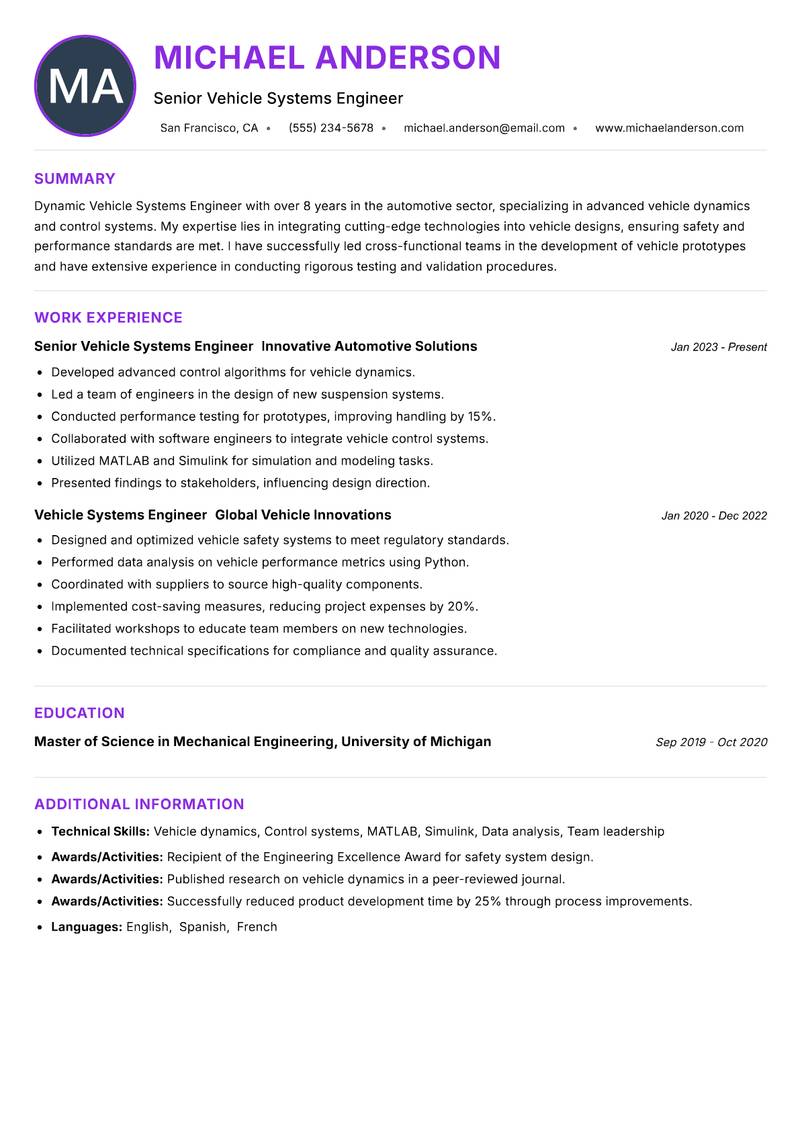 Vehicle Systems Engineer Resume Preview Example