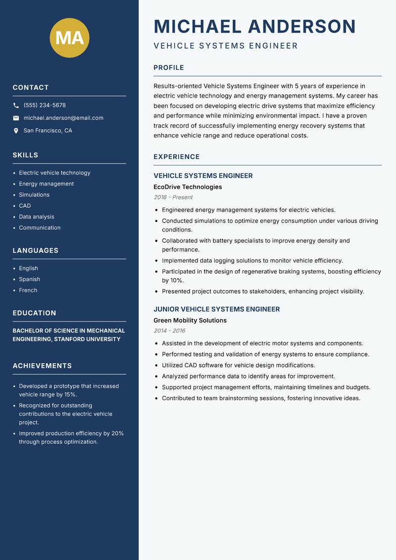 Vehicle Systems Engineer Resume Preview Example