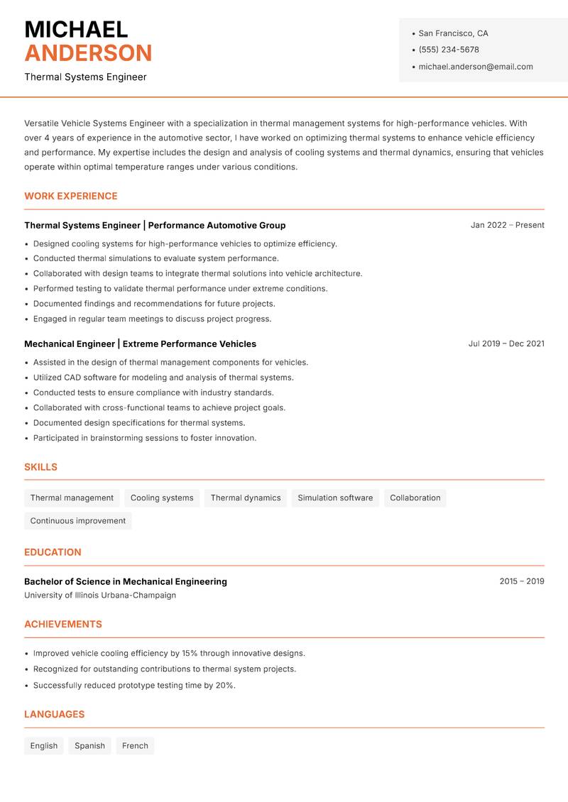 Vehicle Systems Engineer Resume Template