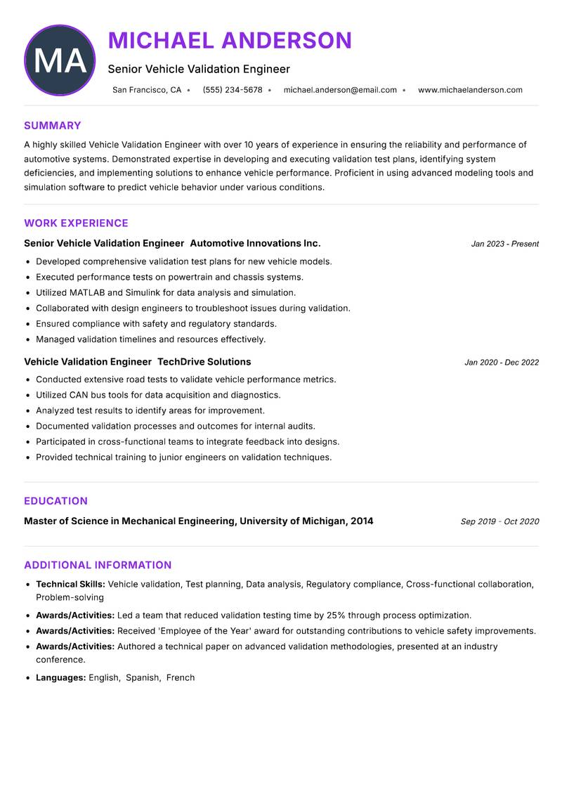Vehicle Validation Engineer Resume Preview Example