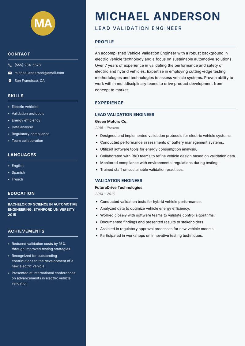 Vehicle Validation Engineer Resume Preview Example