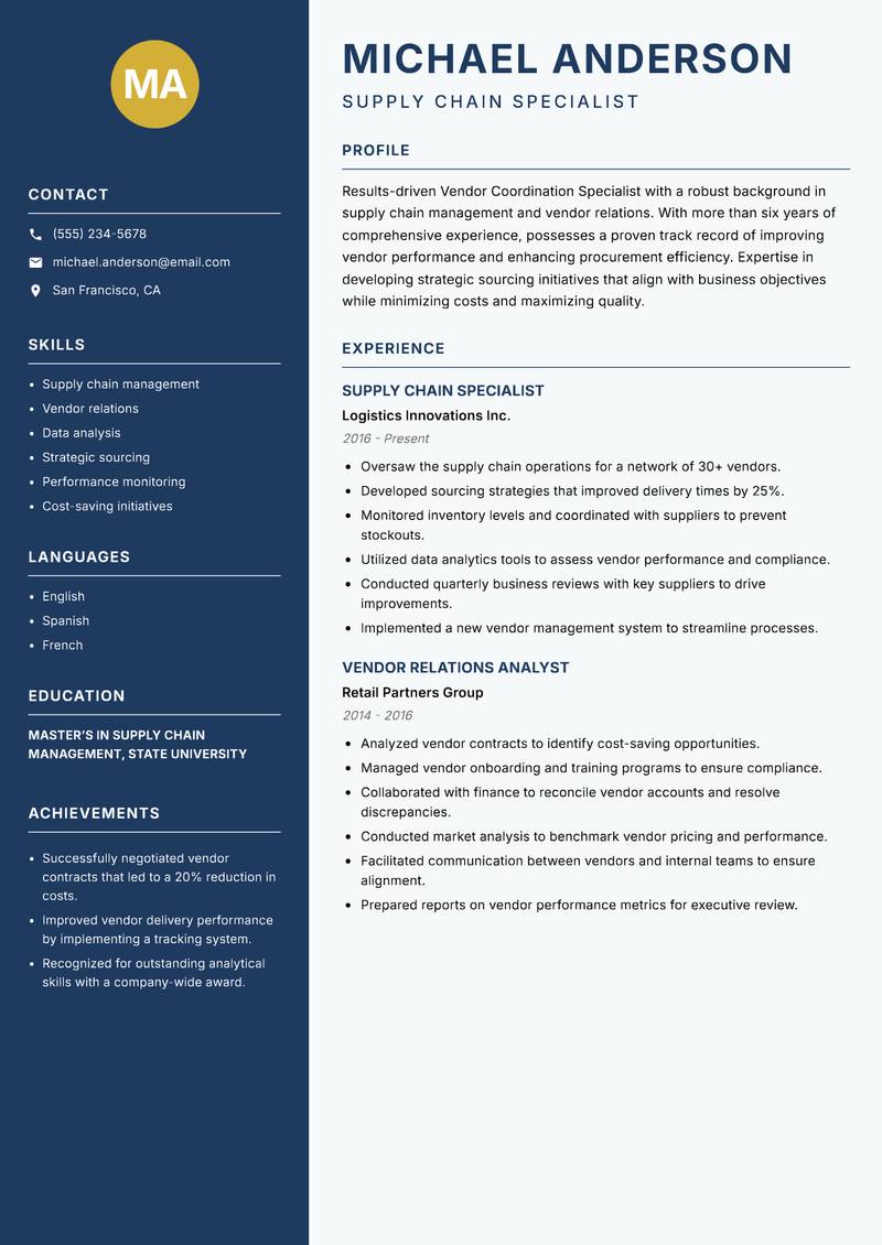 Vendor Coordination Specialist Resume Preview Example