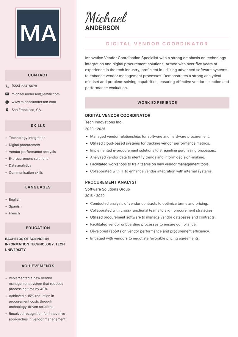 Vendor Coordination Specialist Resume Preview Example