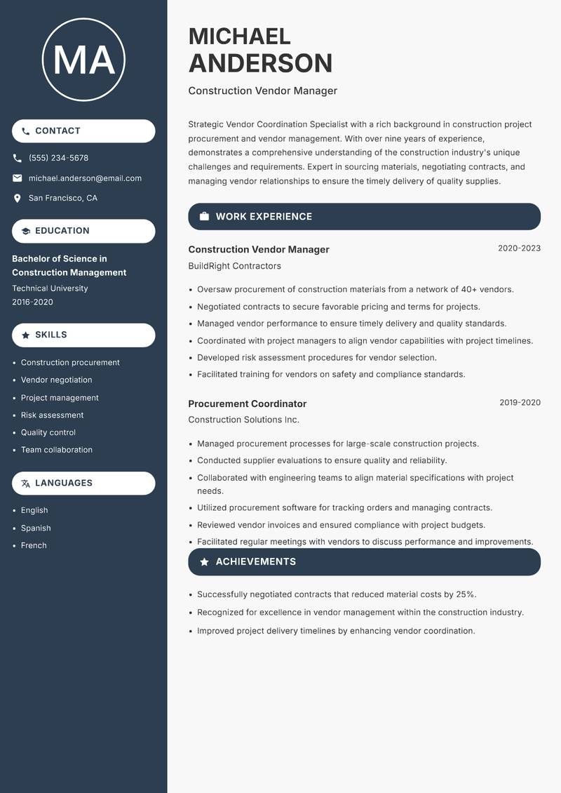 Vendor Coordination Specialist Resume Preview Example