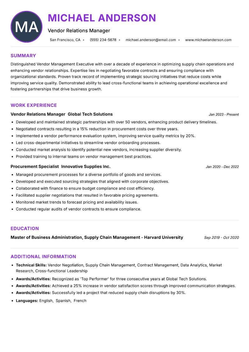 Vendor Management Executive Resume Preview Example