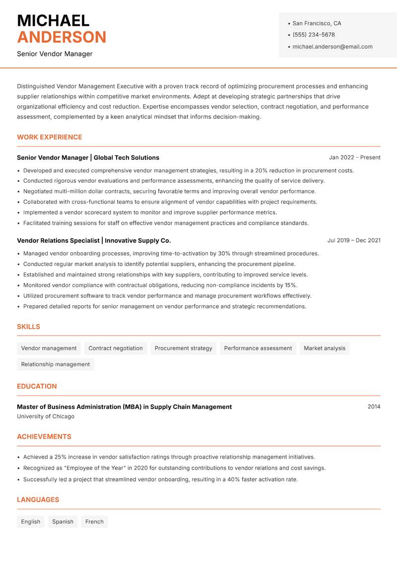Vendor Management Executive Resume Template