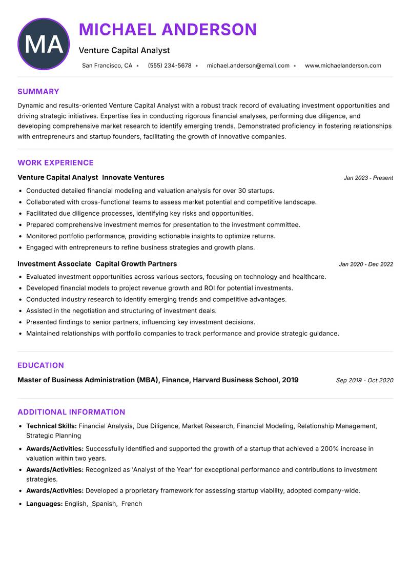 Venture Capital Analyst Resume Preview Example