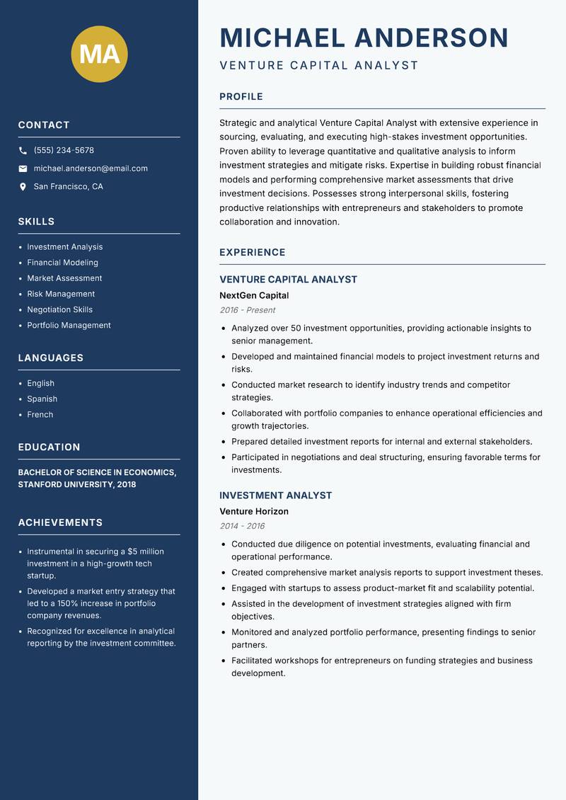 Venture Capital Analyst Resume Preview Example