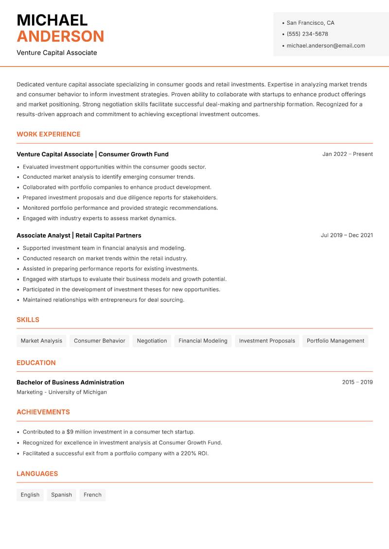 Venture Capital Associate Resume Template