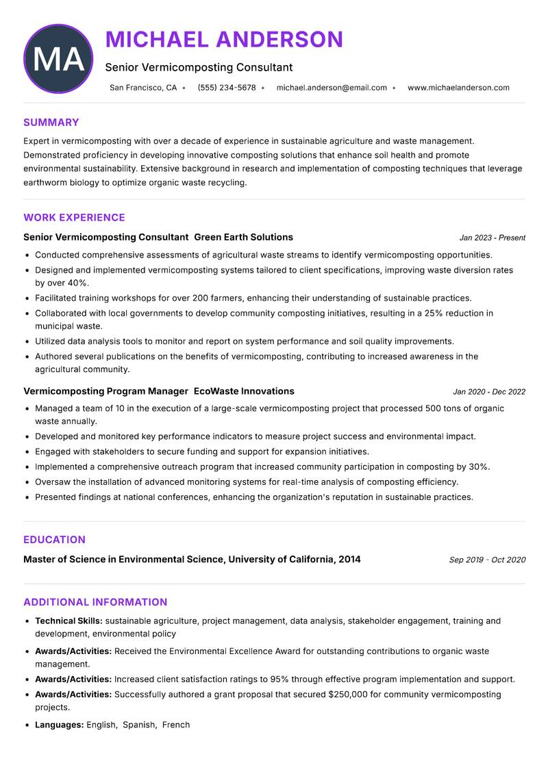 Vermicomposting Specialist Resume Preview Example