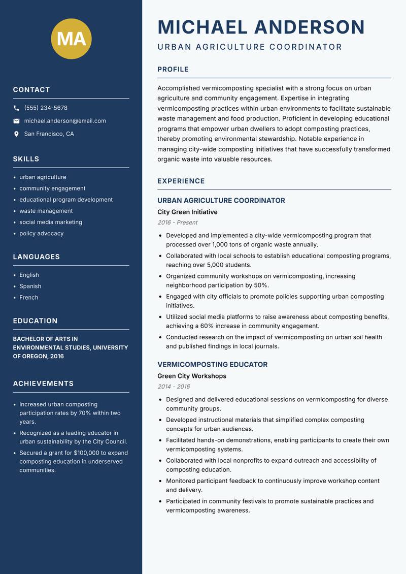 Vermicomposting Specialist Resume Preview Example