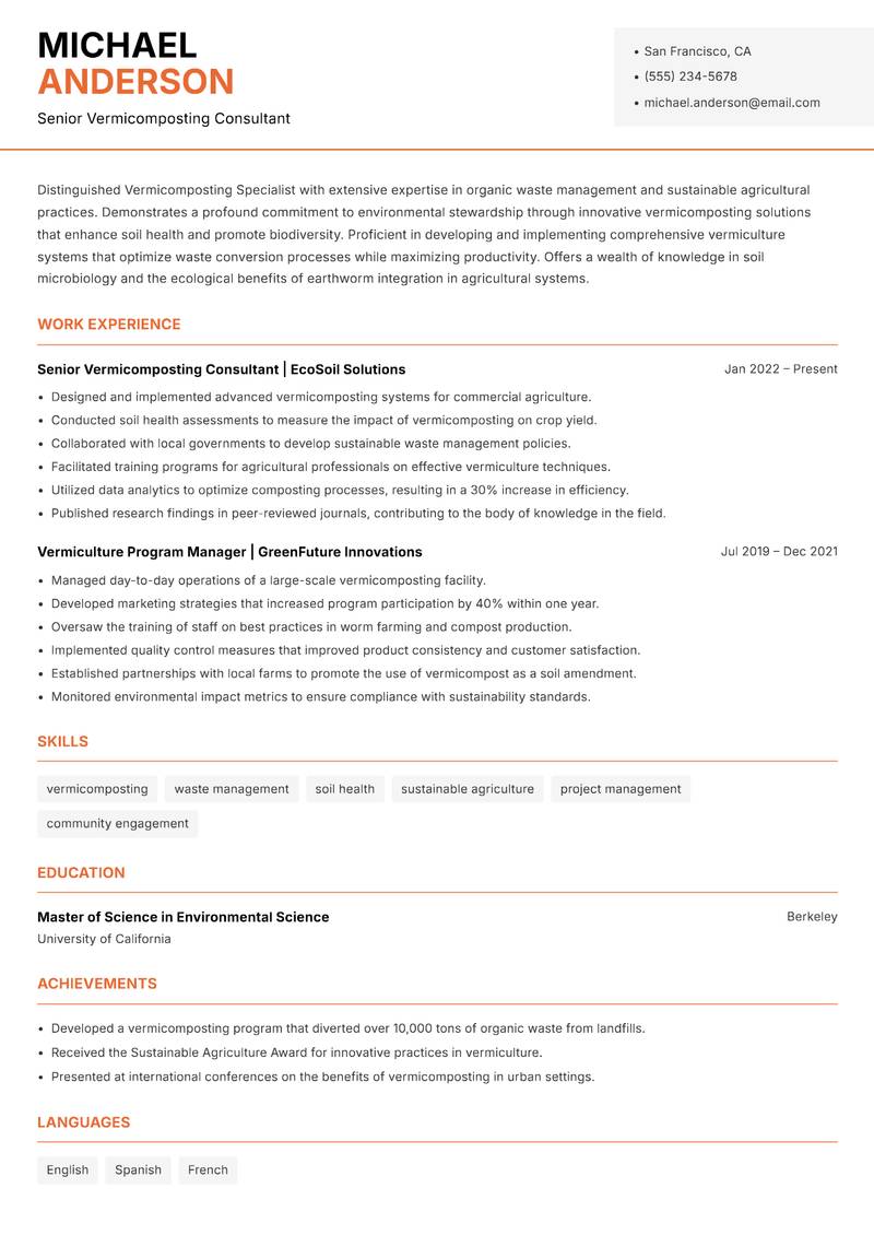 Vermicomposting Specialist Resume Template