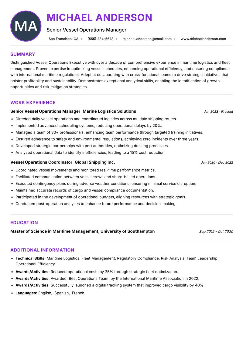 Vessel Operations Executive Resume Preview Example