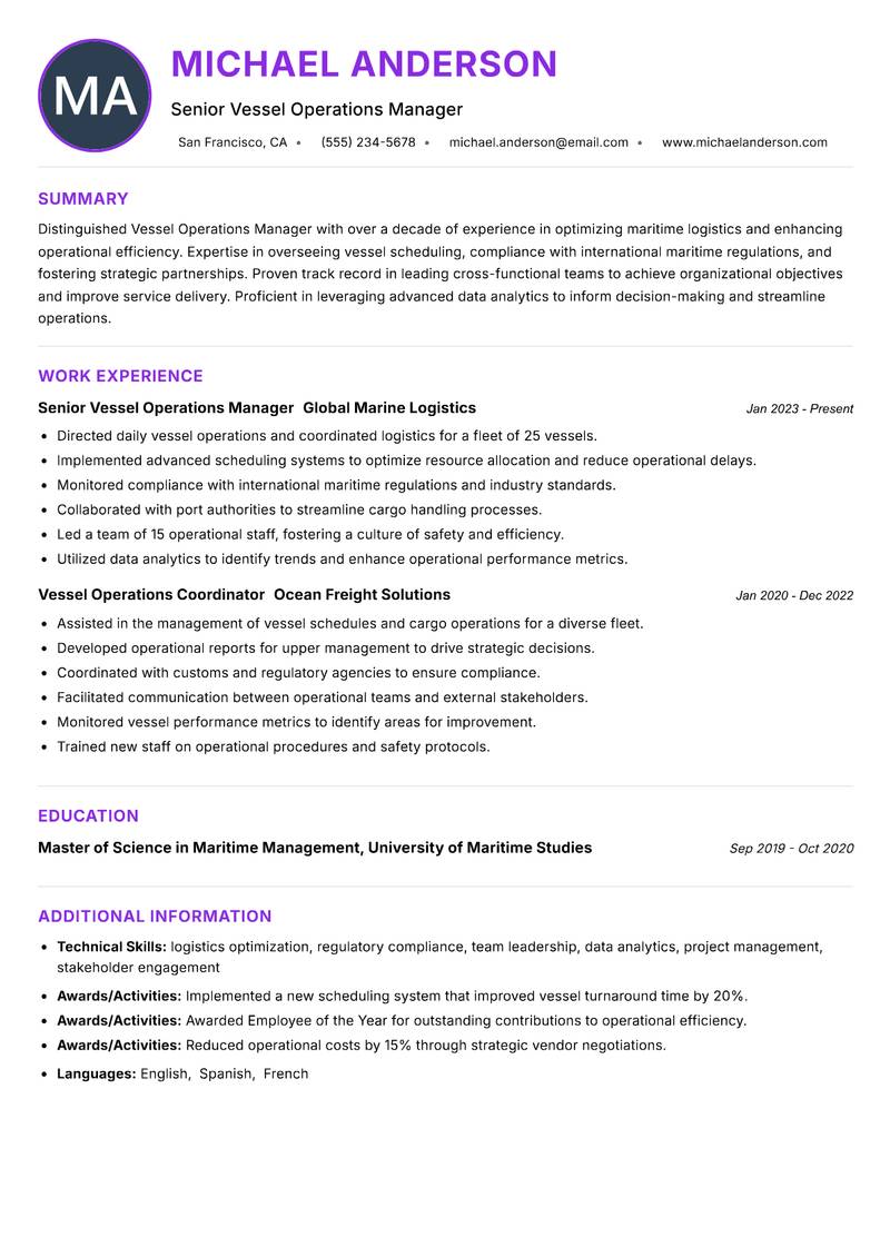 Vessel Operations Manager Resume Preview Example