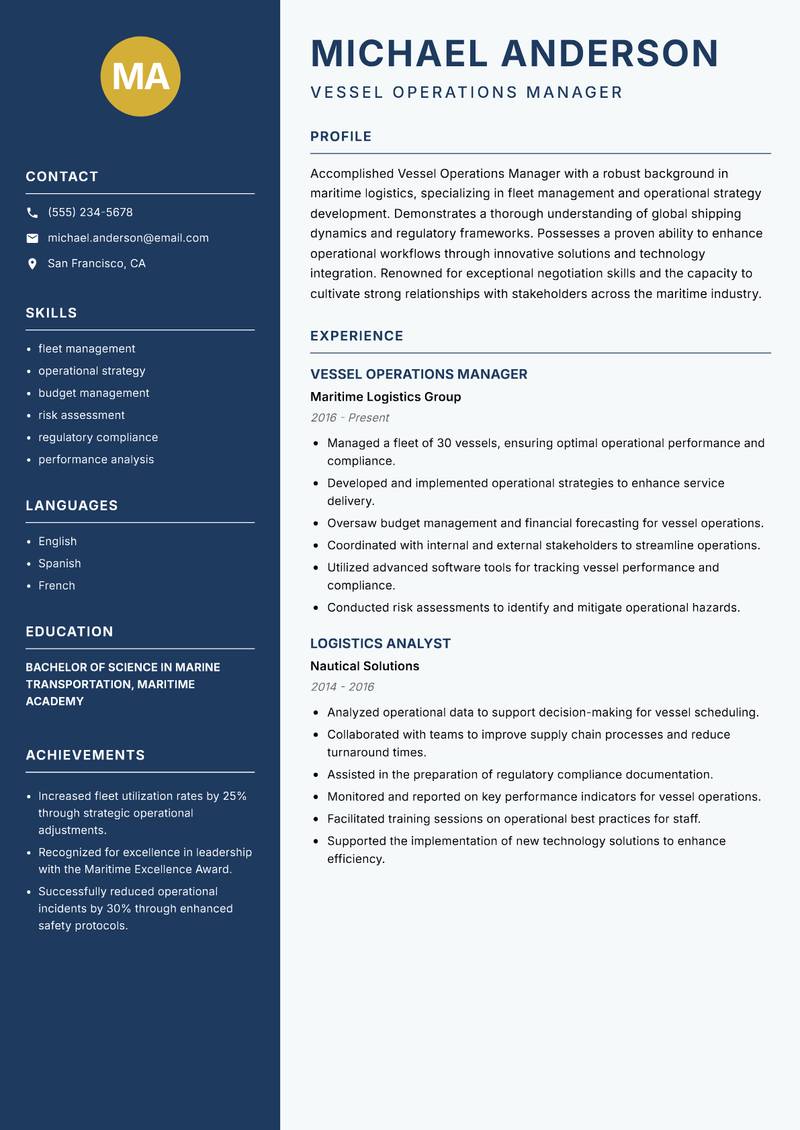 Vessel Operations Manager Resume Preview Example